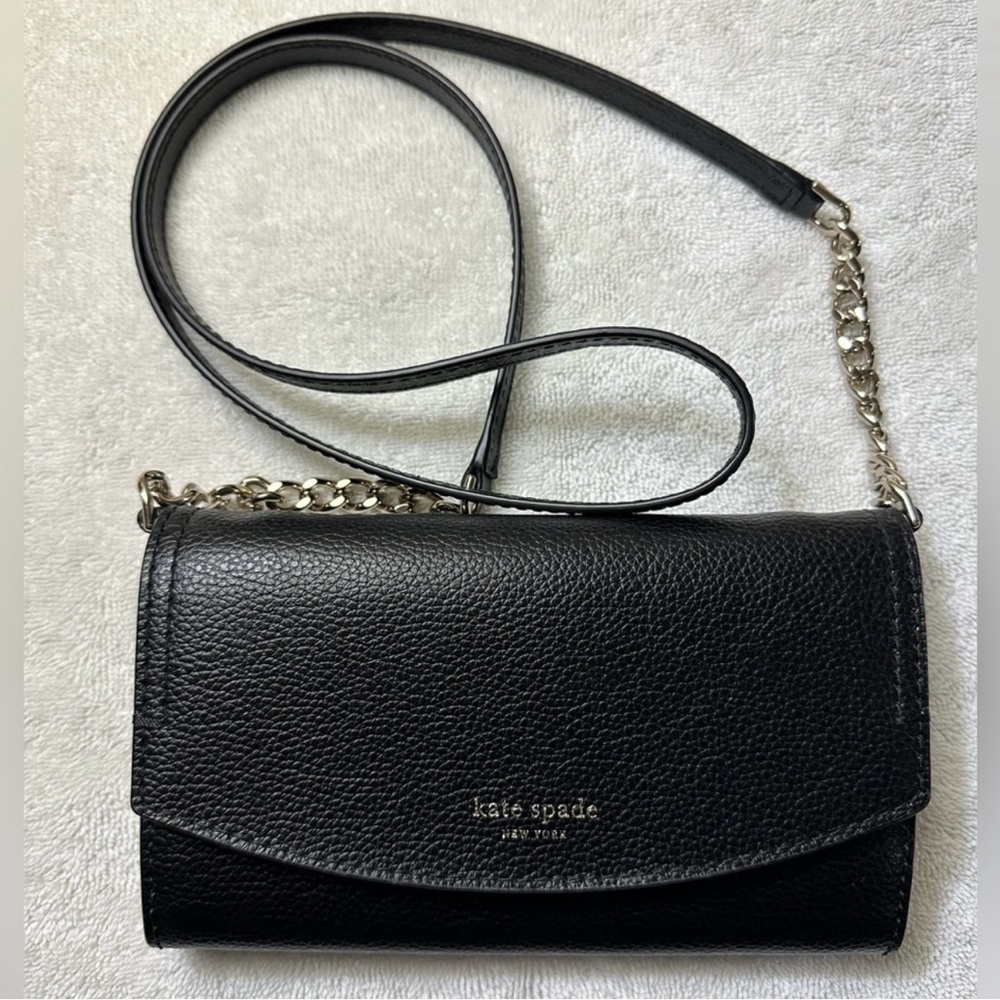 NEW! Kate Spade Eva Wallet On A Chain – Black Pebbled Leather - Picture 8 of 12